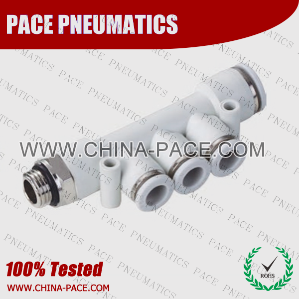 Grey White Push In Fittings Male Triple Branch, Pneumatic Push To Connect Fittings, Composite Air Fittings, Polymer one touch tube fittings, Pneumatic Fitting, Nickel Plated Brass Push in Fittings, pneumatic accessories.